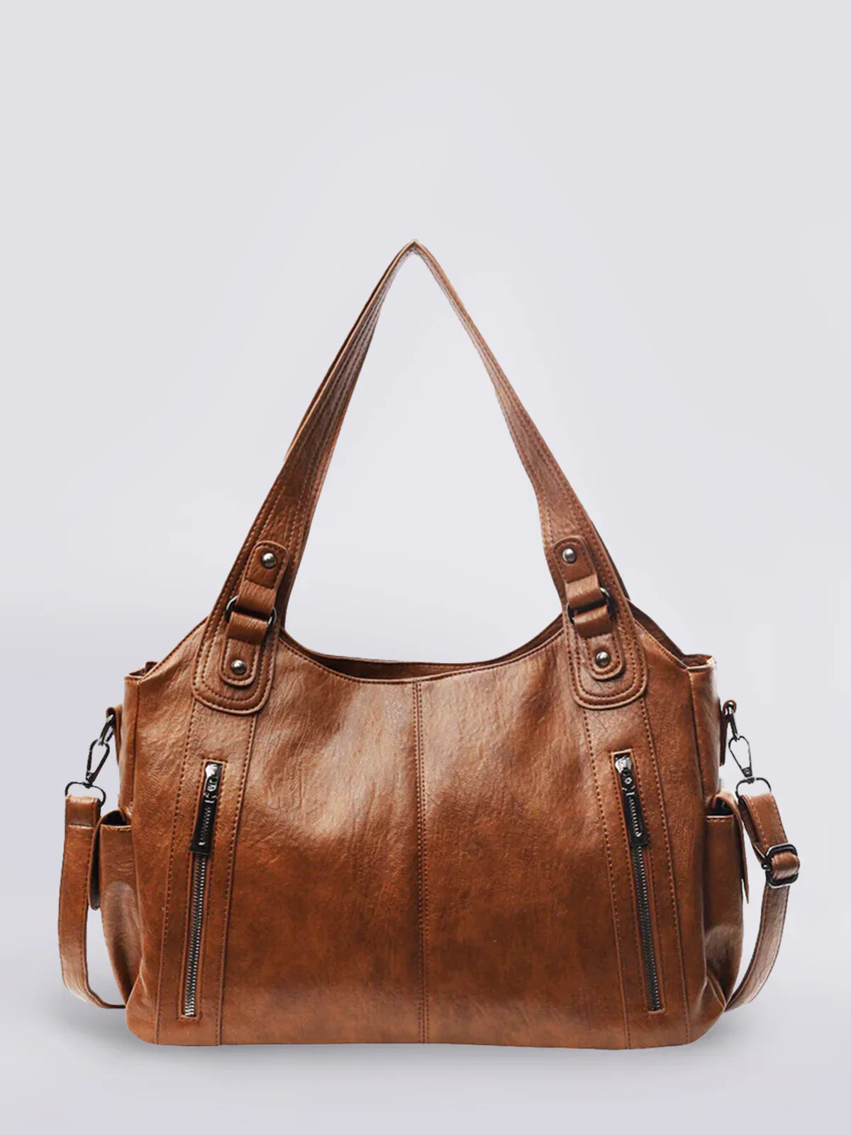 Een elegante bruine tas met een klassiek design, praktische ritsvakken en een ruime binnenkant.